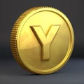 Golden coin with letter Y uppercase isolated on black background.