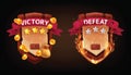 3D victory defeat game badge UI wooden shield award, vector medieval RPG success screen, sword. Royalty Free Stock Photo