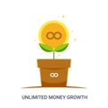 Golden Coin plant inside Pot with Unlimited symbol Royalty Free Stock Photo