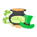 Golden coin pot with an irish hat. Patrick day Royalty Free Stock Photo