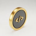 Golden coin with programming code symbol on dark gray circle against light gray background Royalty Free Stock Photo