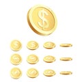 Golden Coin Set. Rotating 3D Golden Coin. Vector illustration isolated on white background