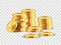 Golden coin stack. Realistic golden dollar coins game template. Vector 3D cash money isolated on transparent background