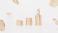 Golden coin stacks growing graph on white background, business investment and saving money concept, realistic 3d render