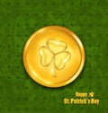 Golden coin with three leaves clover. Grunge St. Patrick`s backg Royalty Free Stock Photo