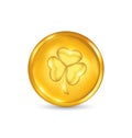 Golden coin with three leaves clover. St. Patricks Royalty Free Stock Photo