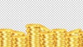 Golden coins background. Isolated realictic money. Vector coin pile transparent banner Royalty Free Stock Photo