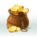 Golden coins bag. Gold coin in old antique sack, saving money purse and gold wealth 3D realistic vector illustration Royalty Free Stock Photo