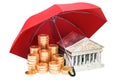 Golden coins and bank building under umbrella, financial insurance concept. 3D rendering