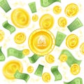 Golden coins and banknotes with depth of field effect flying around of white