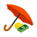 Golden coins and banknotes under umbrella icon Royalty Free Stock Photo