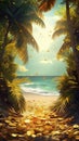 Golden coins on beach, palm tree backdrop. Treasure island. Adventure. Game design, casino