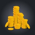 Golden coins big stack on black background. Colorful glossy pile of money money realistic game asset. Vector stock illustration Royalty Free Stock Photo