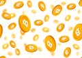 Golden coins bitcoin falling down seamless vector pattern. Cryptocurrency gold chips on white background