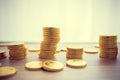 Golden coins concept on a wood table.Taxpayer business concept Royalty Free Stock Photo