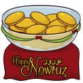 Golden Coins in Crystal Bowl and Red Carpet for Nowruz, Vector Illustration