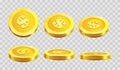 Golden coins dollar cent in different angle icons on vector transparent background