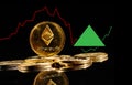 Golden coins with Ether logo rise in bull market. New cryptocurrency Ethereum ETH 2.0 go up in trading. Price of