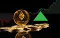 Golden coins with Ether logo rise in bull market. New cryptocurrency Ethereum ETH 2.0 go up in trading. Price of