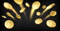 Golden coins explosion. Realistic dollar coins flying with moving traces, gambling games prize, casino jackpot, money
