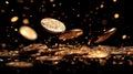 Golden coins falling against a black background, sparkling glitter Royalty Free Stock Photo