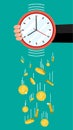 Golden coins falling from clocks. Royalty Free Stock Photo