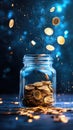 Golden coins falling into glass jar with sparkling blue background Royalty Free Stock Photo