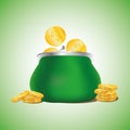 Golden coins falling in green retro purse on light green background. Dollars dropping in open purse. Saving money