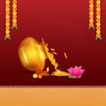 Golden Coins Falling From Treasure Pot With Lotus Flower, Lit Oil Lamp Diya And Copy Space For Hinduism Festival