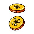 Golden coins with four leaf clover, vector illustration, for St. Patrick`s day Royalty Free Stock Photo