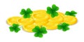 Golden coins with four leaf clover, vector illustration, for St. Patrick`s day Royalty Free Stock Photo