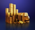 Golden coins and goldbars. Royalty Free Stock Photo