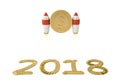 2018 from the golden coins and hold coin with rocket on white.3D illustration
