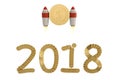 2018 from the golden coins and hold coin with rocket on white.3D illustration