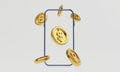 Golden coins include dollar Yen yuan Euro and pound sterling with mobile phone frame for currency exchange trading concept by 3d Royalty Free Stock Photo