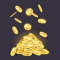 Golden coins pile or stack with falling cash