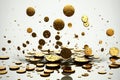 Golden Coins rain. Isolated, falling gold coins against a white background Royalty Free Stock Photo