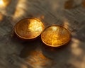 Golden coins representing cryptocurrency are placed on textured surface, reflecting light beautifully. image captures essence of Royalty Free Stock Photo