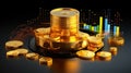Golden coins stack over black background with business graph