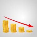 Golden coins stack and red decreasing arrow down trend diagram  background Royalty Free Stock Photo