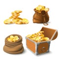 Golden coins stacks. Coin in old sack, large gold pile and chest Royalty Free Stock Photo