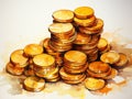 Golden coins stacks illustration. Savings and wealth concept. Finance income, lots of money, business profits. Gold coin pile