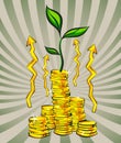 Golden coins stacks with money tree, increase arrows, retro rays background. Vector illustration. Royalty Free Stock Photo
