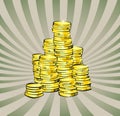 Golden coins stacks. Retro illustraion.