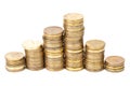 Golden coins stacks in a row Royalty Free Stock Photo