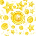 Golden coins and stars with depth of field effect flying around big coin in center