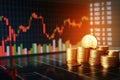 Golden coins and stock market graph background, business and financial concept