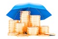 Golden coins under umbrella, financial insurance concept. 3D ren