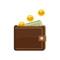 Golden coins falling and wallet with dollars bank notes in purse. Saving money concept. Vector illustration, cartoon Royalty Free Stock Photo