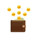 Golden coins falling and wallet with dollars bank notes in purse. Saving money concept. Vector illustration, cartoon Royalty Free Stock Photo